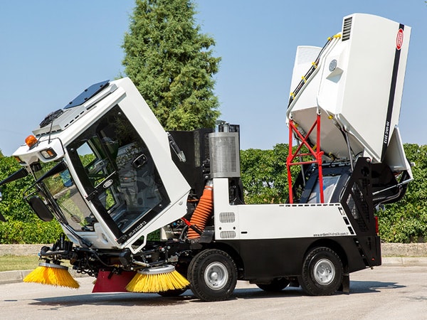 Street Sweeping Machine Discharging Into Garbage Container or Garbage Collecting Truck